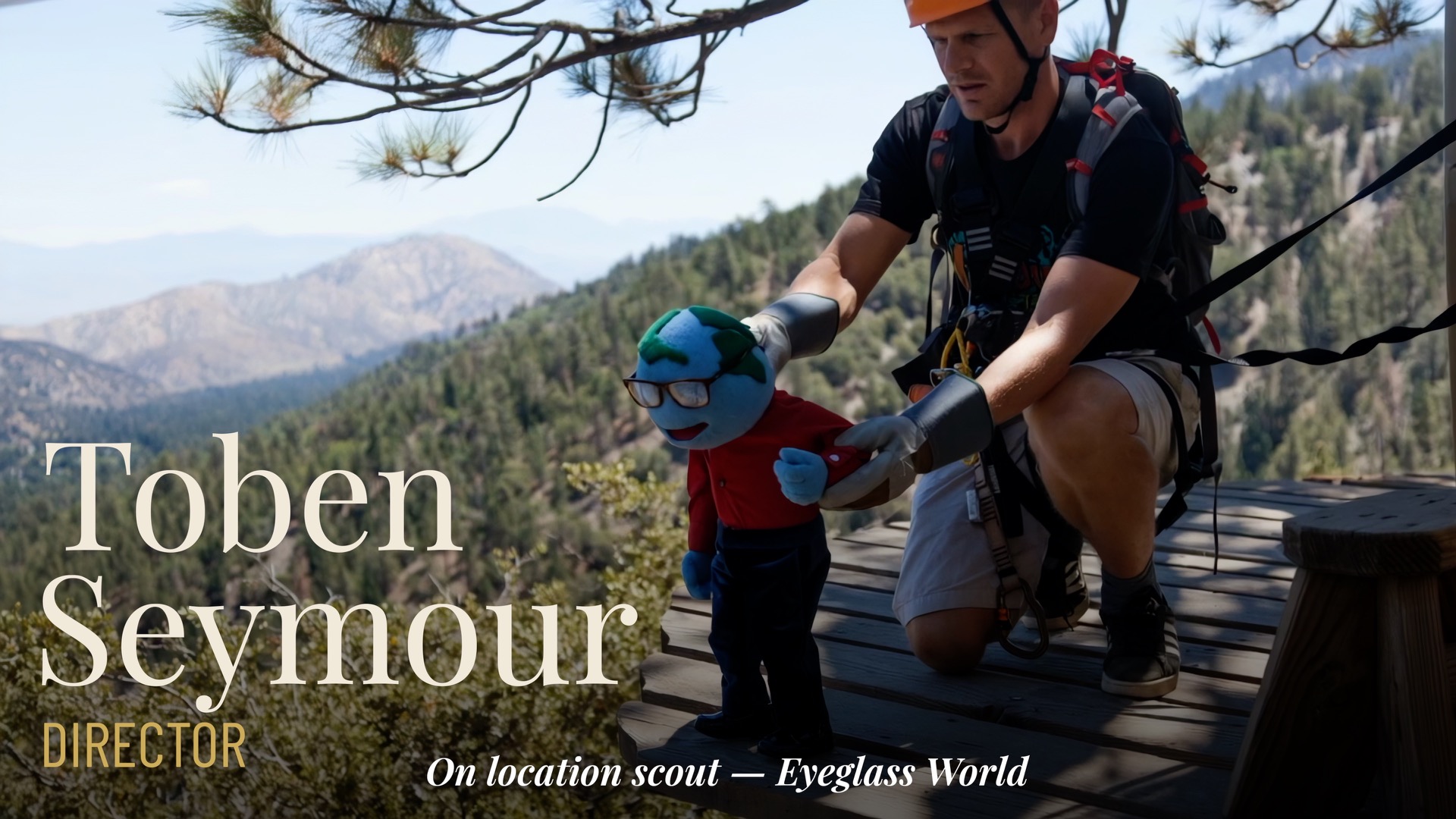Toben Seymour on location, directing the Mr. World puppet